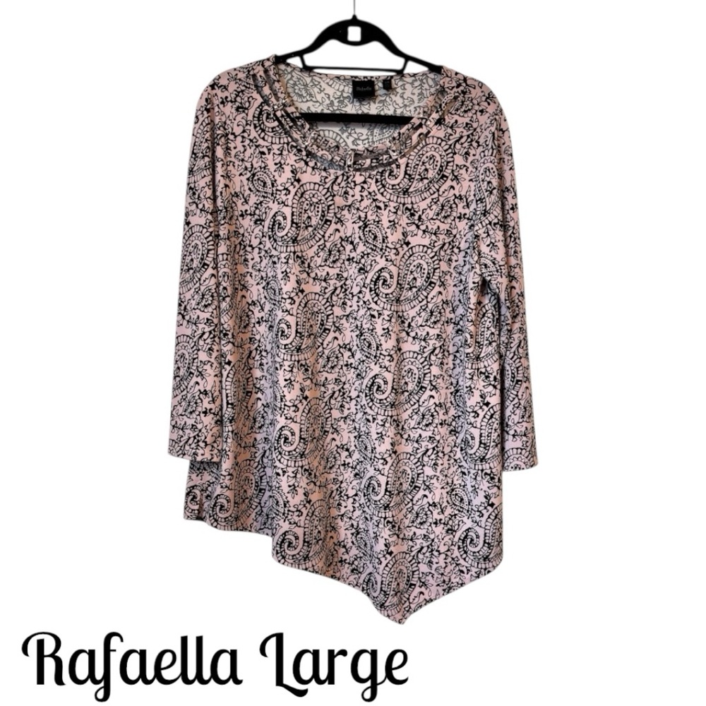 Rafaella Black/Pink Asymmetrical 3/4 Sleeve Top LARGE   #T